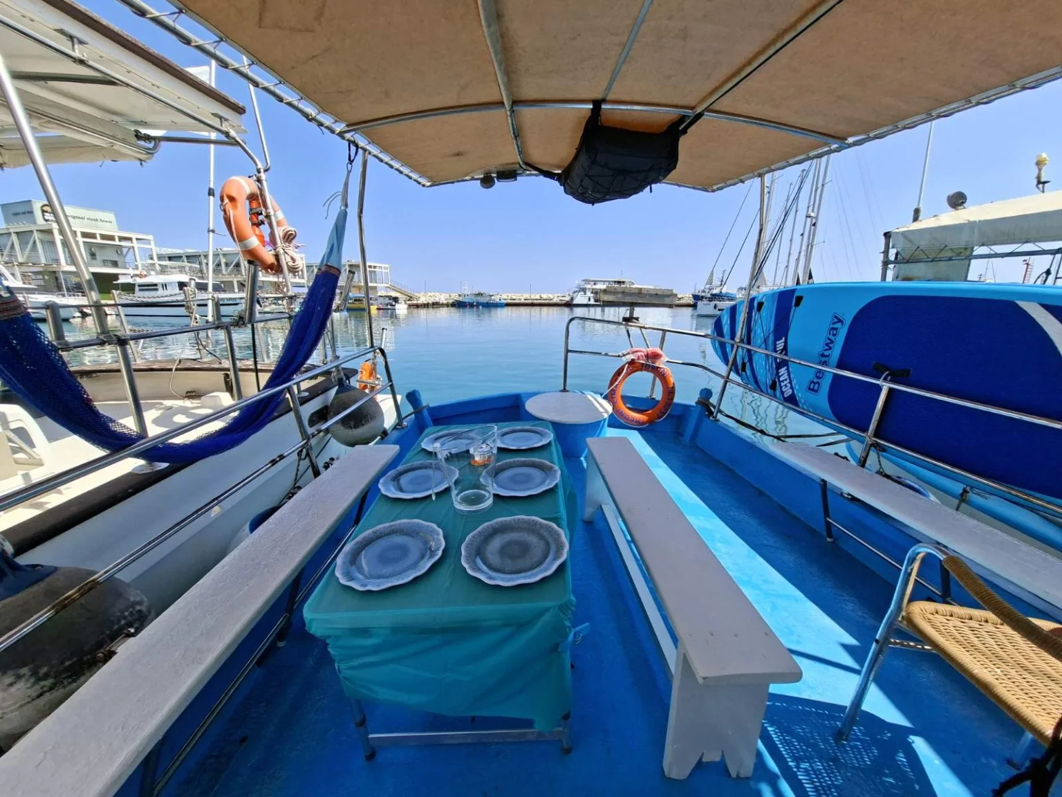 Guest seating and dining area aboard Theoni